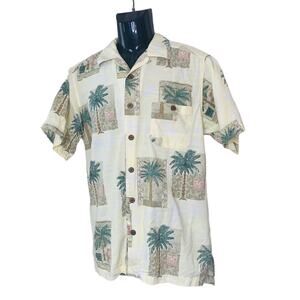 Medium Mens Joe Marlin Hawaiian Camp Shirt Palm Tree Yellow Tan Cotton Blend EUC